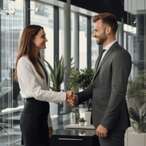 man and a woman dressing professionaly shaking hands1